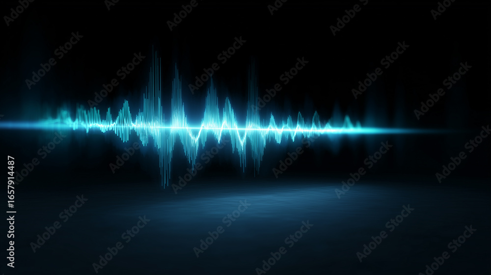 Poster abstract digital sound wave visualization with glowing blue lines against a dark background represen