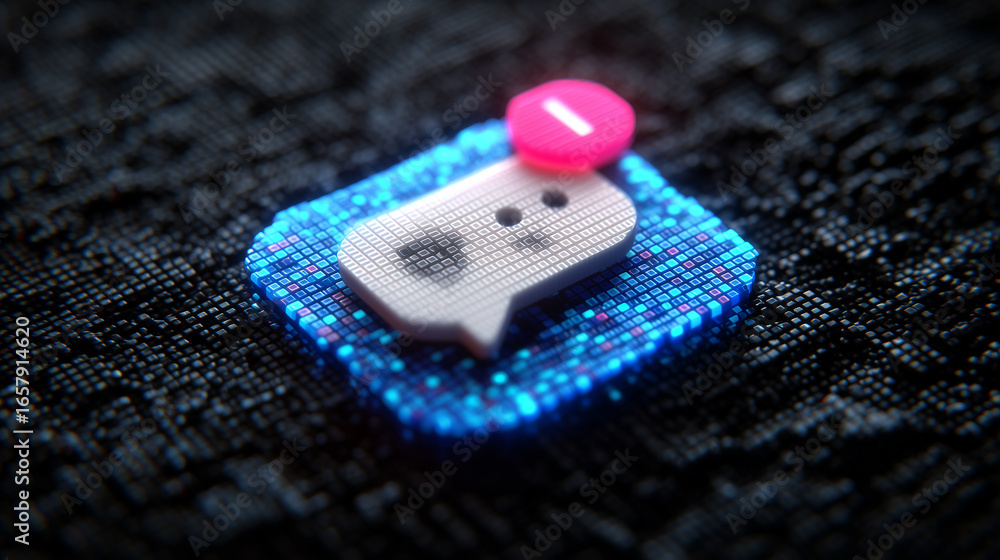 Poster futuristic digital communication icon featuring alert notification on complex pixelated background w