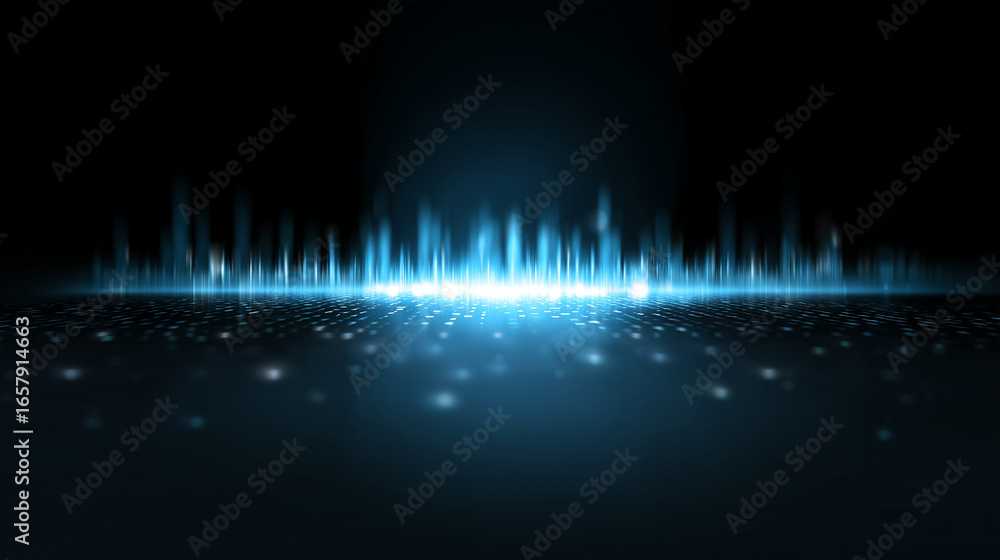 Poster abstract digital soundwave background with glowing blue light effects and particles on black backdro