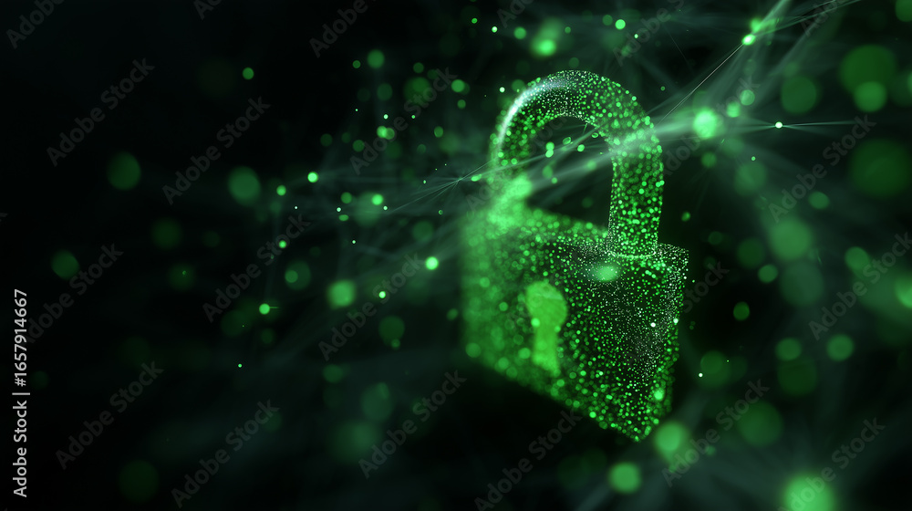 Poster digital green lock symbolizing cybersecurity, data protection and secure information in abstract bac