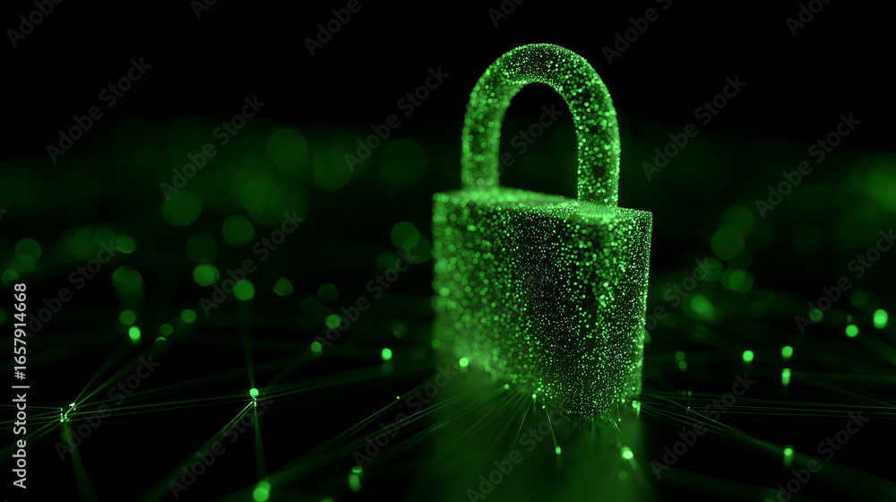 Poster green digital lock symbolizing cybersecurity and data protection in a futuristic network environment