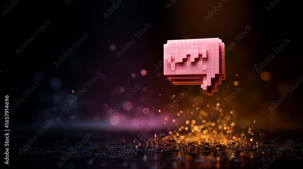 Poster Pixelated Speech Bubble with Dynamic Glow in Abstract Background Emphasizing Communication and Digital Artistry for Creative Projects