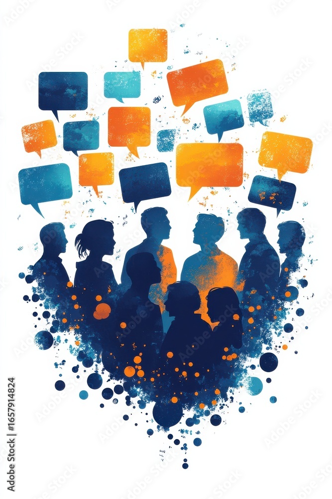Poster diverse group engaging in communication with colorful abstract speech bubbles above.