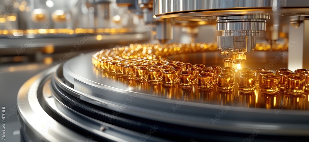 Poster close-up of a high-tech capsule filling machine in operation
