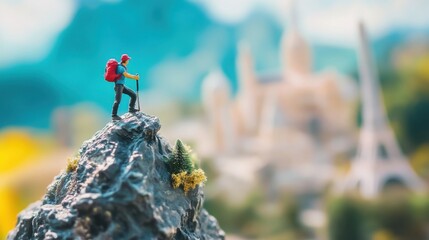 Miniature hiker standing on mountain with cityscape in background