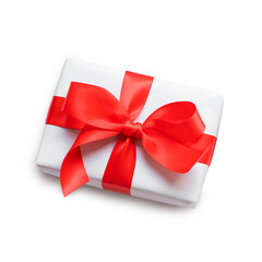 Top shot white gift box with red ribbon bow for celebration season template design