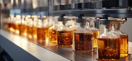 Laboratory bottles displayed in a futuristic sterile high-tech scientific environment