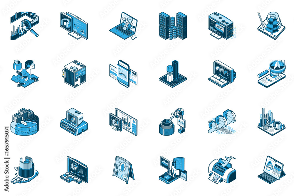 Poster analysis concept of 3d isometric icons set. collection with chart, computer, diagram, data computing