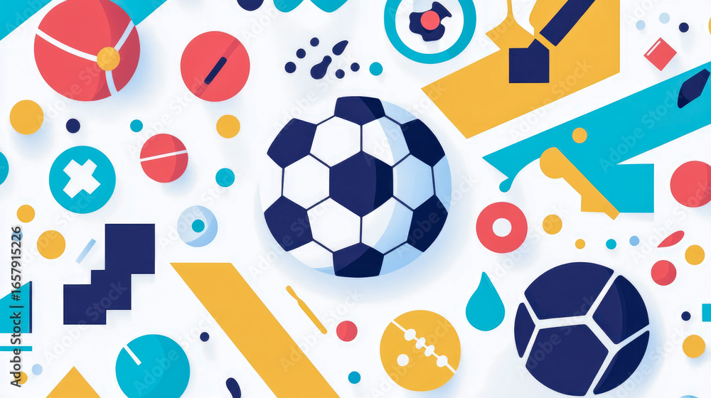 Aufkleber vibrant and playful abstract flat illustration featuring prominent soccer ball surrounded by array o
