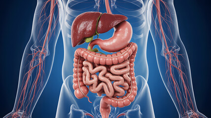 Anatomical illustration of the human digestive system and organs
