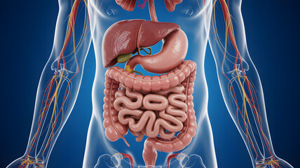 Anatomical illustration of the human digestive system with organs highlighted
