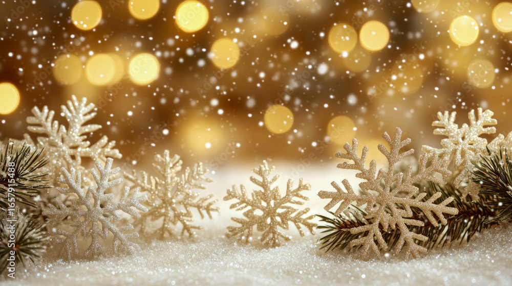 Poster sparkling golden snowflakes and frosty pine branches resting on shimmering snow against backdrop of 