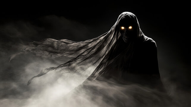 Shadowy wraith emerging from darkness, glowing spectral eyes, tattered robes, ghostly mist swirling