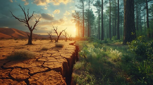 Climate change impact showing desertification and forest loss in environmental landscape image