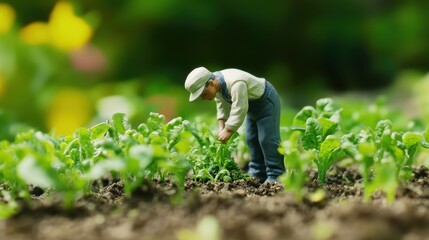 Miniature Gardener Tending to Fresh Green Plants in Garden Setting