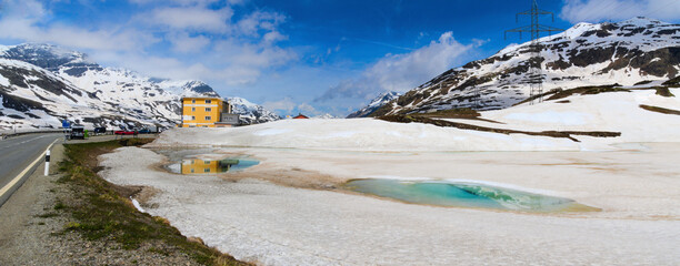 Wide format photograph at the Bernina Pass, in the Swiss Alps. Poschiavo, Bernina Region in the...