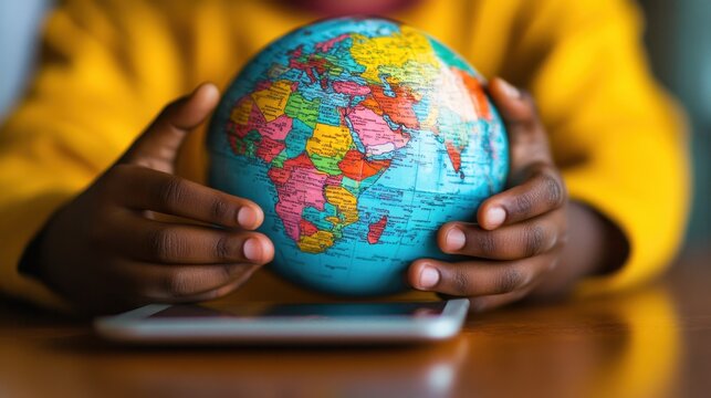 Child Holding Colorful Globe with Focus on Africa and Europe