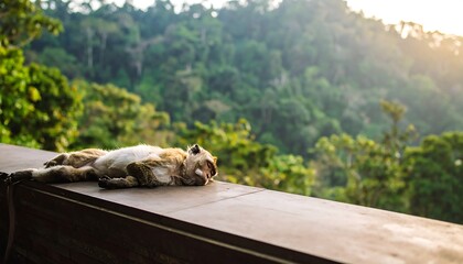 Relaxed Cat Basking in Golden Sunlight on a Wooden Balcony with Lush Green Forest Backdrop.