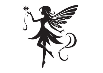 fairy flying logo silhouette vector, beautiful fairy with wings silhouette vector illustration, fairy silhouette wings magic vector logo design, fairy woman logo silhouette vector on white background 