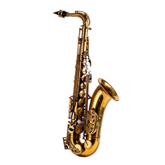 Gleaming golden saxophone stands poised, ready to play on transparent background