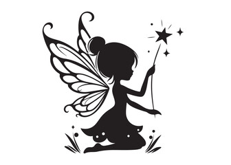 fairy flying logo silhouette vector, beautiful fairy with wings silhouette vector illustration, fairy silhouette wings magic vector logo design, fairy woman logo silhouette vector on white background 