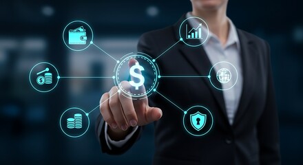 Business Professional Interacting with Advanced Virtual Interface System Featuring Holographic Business Process Visualization