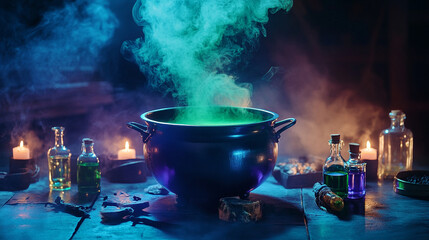 Modern reinterpretation: sleek metal cauldron with green vapor, surrounded by neon potion bottles and candles