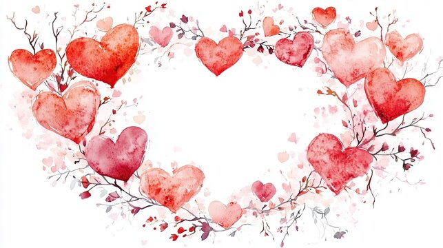 Watercolor Heart Wreath Frame - Hand-drawn Pink and Red Hearts in Circle Shape with Blank Center for Valentine's Design