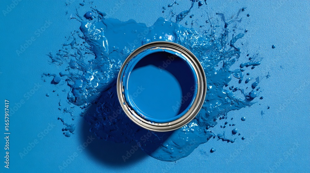 Poster vibrant blue paint splashes dynamically from an open can, creating a modern artistic expression.