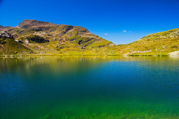 Alpine lake Leg Grevalsalvas, well-known destination for hiking routes from Julier Pass, Canton Graub&uuml;nden, Switzerland