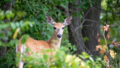 Obraz premium A fawn peeks through lush greenery in a natural woodland setting, its spotted coat a striking contrast against the vibrant foliage.