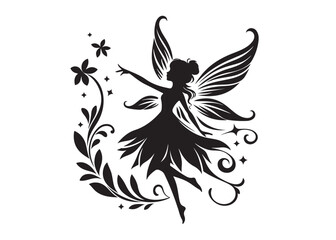 fairy flying logo silhouette vector, beautiful fairy with wings silhouette vector illustration, fairy silhouette wings magic vector logo design, fairy woman logo silhouette vector on white background 