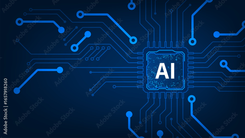 Poster artificial intelligence futuristic microchip cpu circuit board blue light technology abstract backgr