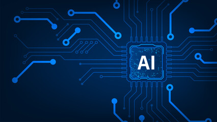 Artificial intelligence futuristic microchip CPU circuit board blue light  technology abstract background.