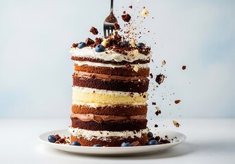Fork piercing layered cake with flying crumbs and blueberries