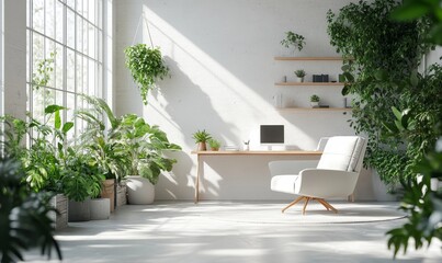 Modern, eco-friendly office space with a clean white interior, filled with lush indoor plants, creating a serene and healthy work environment that promotes well-being and productivity, Generative AI