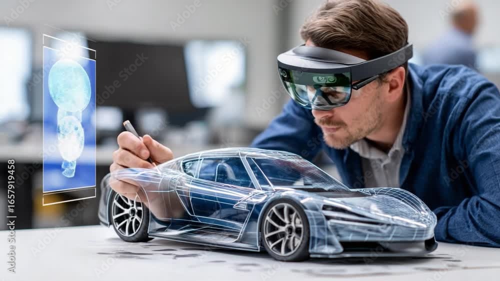 Poster augmented reality car design: an engineer meticulously examines a futuristic car design in a modern,