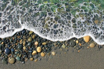 Foamy waves lapping over colorful pebbles on a sandy beach