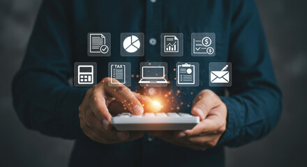 A man's hand holding a calculator with a series of digital business icons floating above it. The concept of accounting, financial management, business data analysis, and digital organization