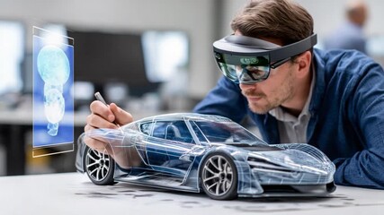 Augmented Reality Car Design: An engineer meticulously examines a futuristic car design in a modern, high-tech setting using augmented reality glasses. - Powered by Adobe