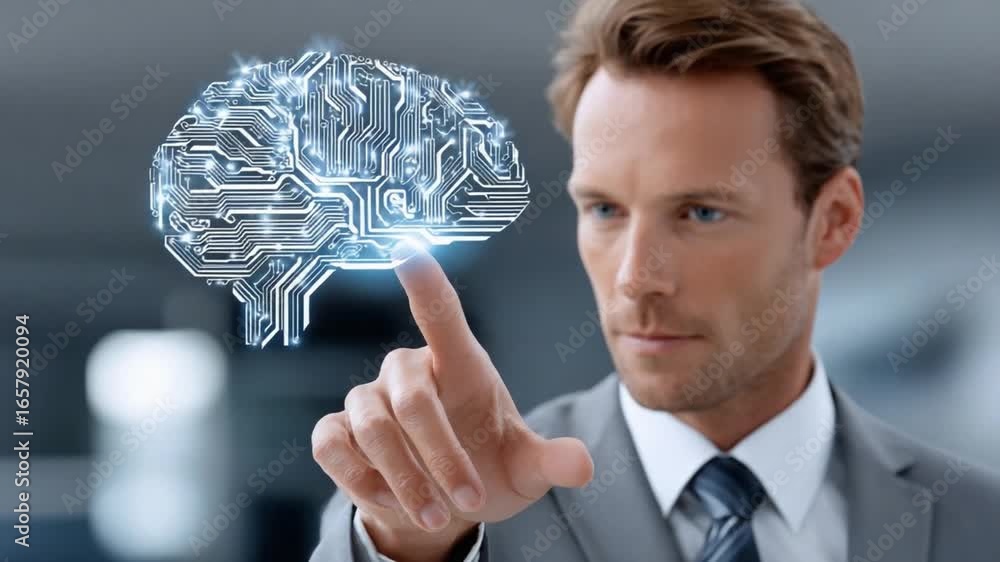 Poster smart thinking: a sharp dressed businessman makes a point on a futuristic brain with circuit-board d