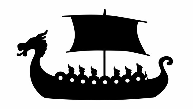 Silhouette of a viking ship with dragon head prow and sail carrying warriors on a white background