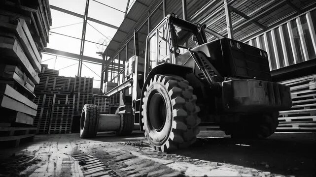 A powerful front loader in an industrial hangar surrounded by stacks of cargo conveys the dynamics and scale of production processes and is ideal for advertising special equipment for construction com