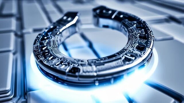 Close-up of a horseshoe-shaped, metallic object with intricate circuit-board patterns, illuminated by a bright blue ring