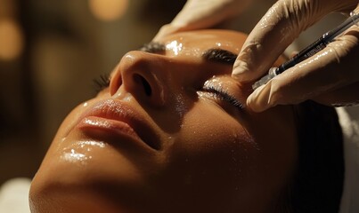 Professional cosmetologist or dermatologist administering a botox filler injection into a patient's facial area, demonstrating the cosmetic procedures benefits for reducing wrinkles, Generative AI