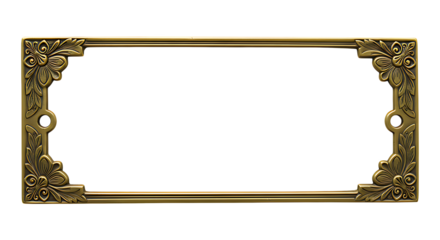 Antique Nameplate with Brass Art Nouveau Decorative Corners and Glossy Blank Surface Isolated on Transparent Background