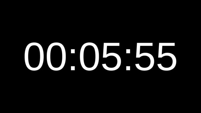 Countdown timer from 6 minute to 5 minute with white number on black background. Countdown timer for deadline reminders, time management concepts, and scheduling 