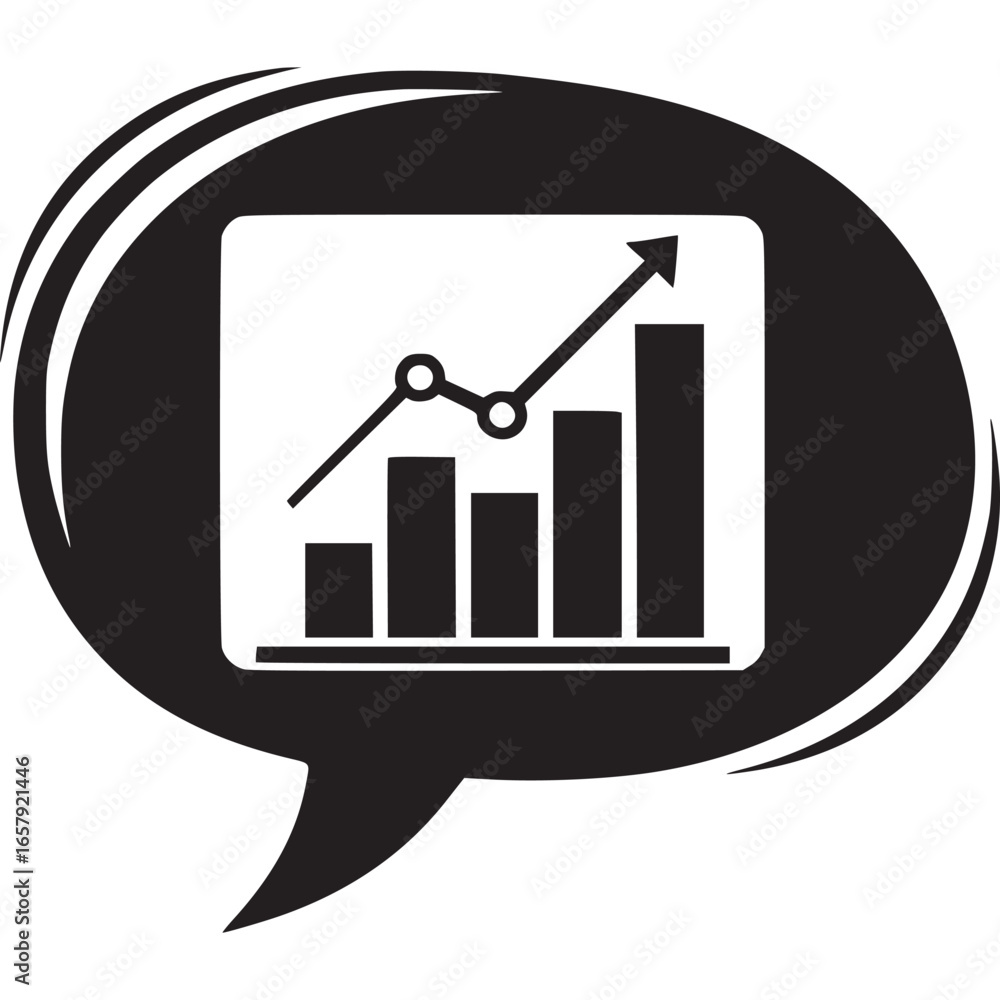 Poster illustration of a speech bubble containing a graph with an upward trend, isolated on white backgroun