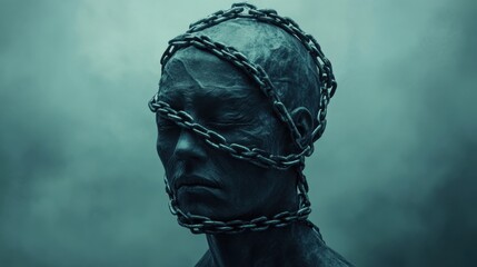 Abstract sculpture of a somber figure entangled in dark chains