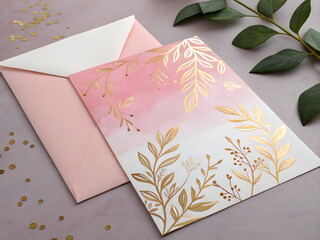 Blush pink gradient card with gold botanical accents and envelope image